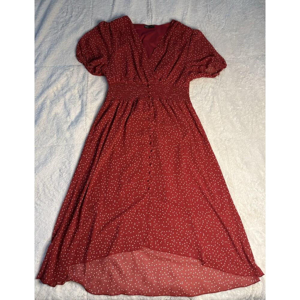 PRETTYGARDEN Women's Floral Wrap V-Neck Midi Dress Short Sleeve Boho Red Large